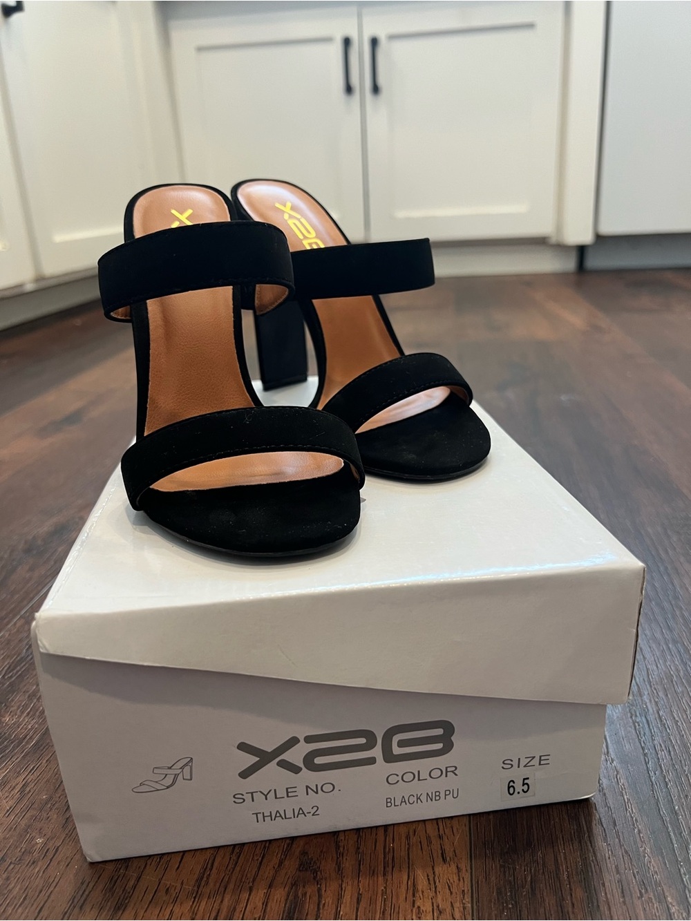 X28 Black Double-Strap Block Heel Sandal